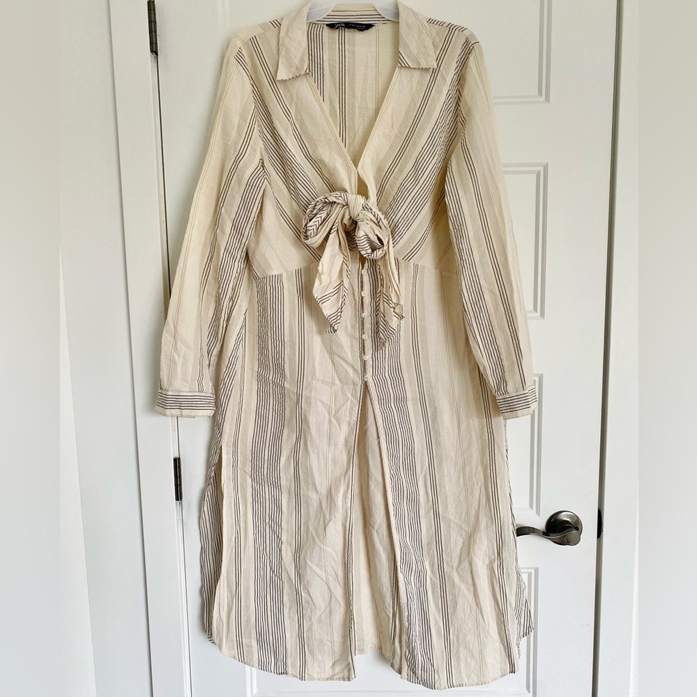 Zara Striped Midi Shirt Dress • Tie-Front Airy & Light, Size Medium
